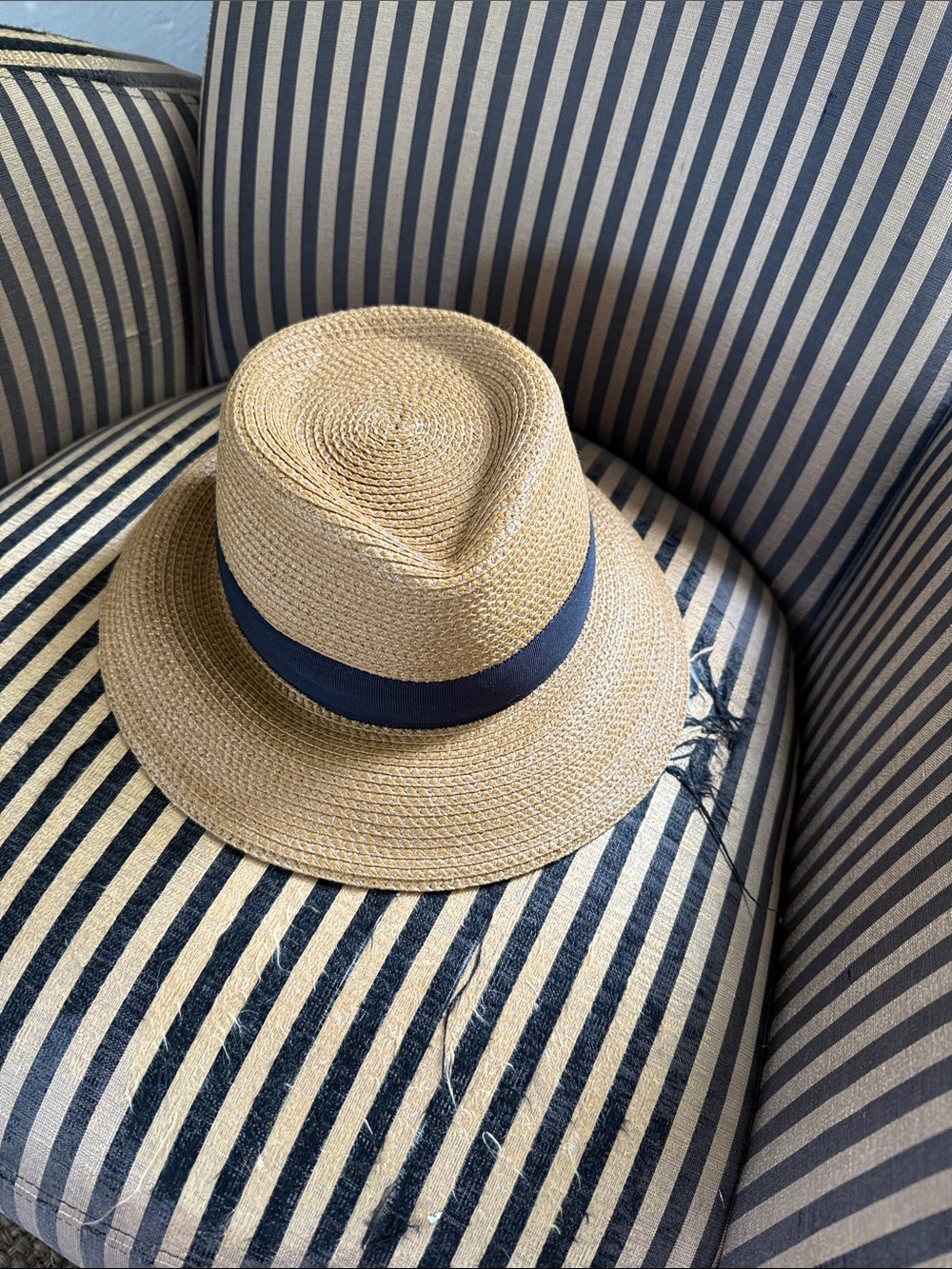 Eric Javits Tan Straw Fedora with Navy Band